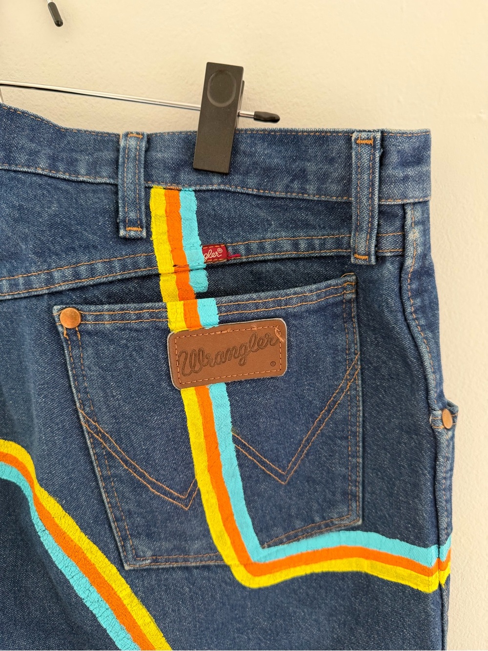 Wrangler Men’s Blue Denim Jeans with Custom Retro Stripe Detail 38x30